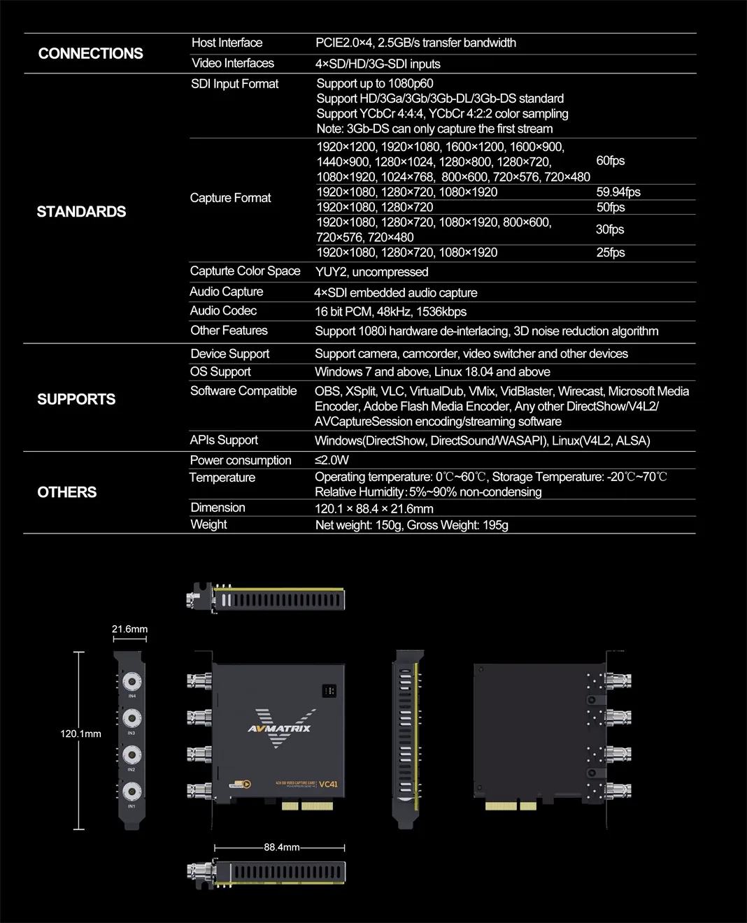 AVMATRIX VC41, 4-CH 3G-SDI PCIE Capture Card, การ์ดแคปเจอร์ รูป 6