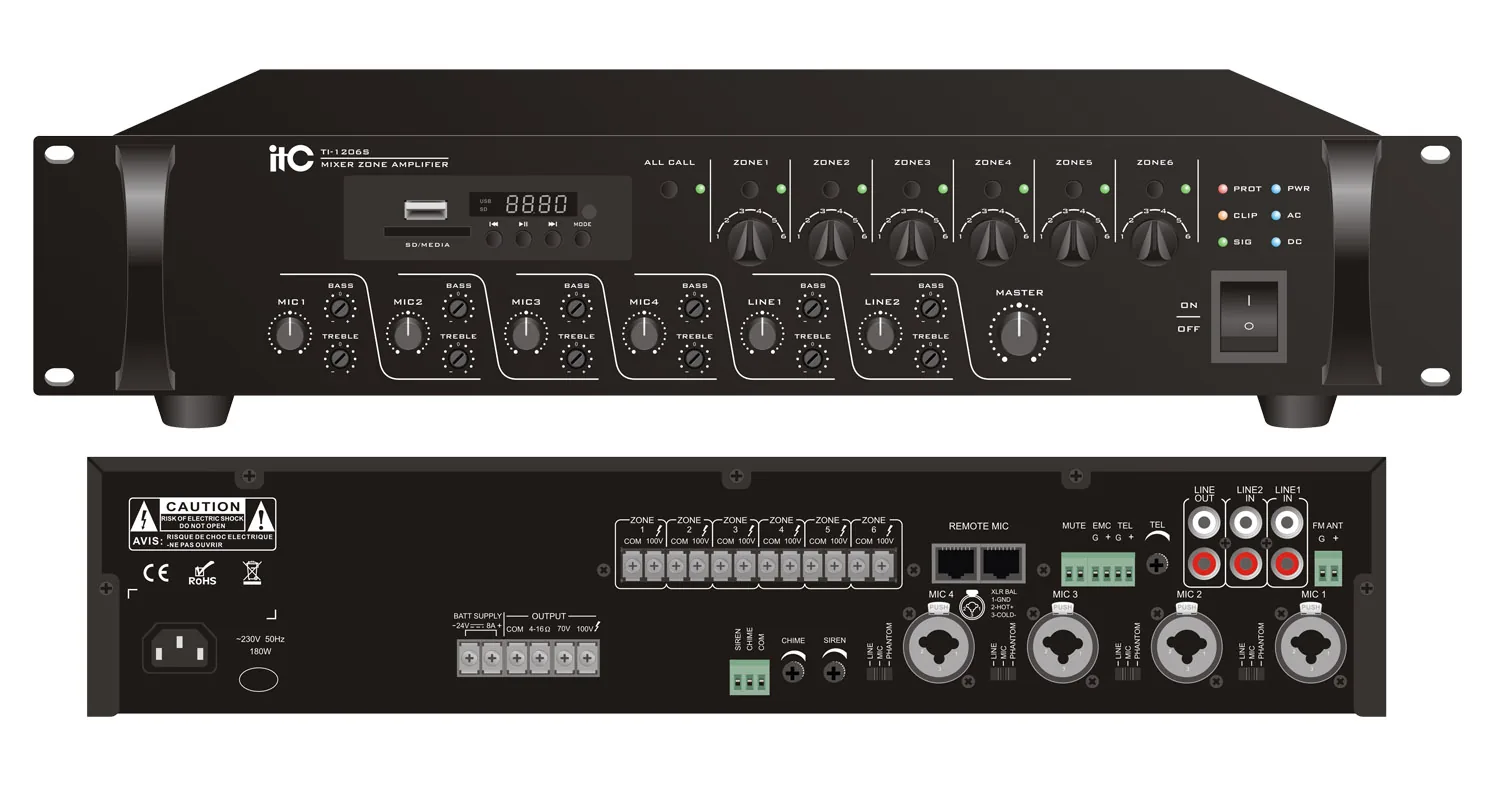 ITC TI-2406S 240W 6 Zone Mixer Amplifier MP3/USB/TF Card