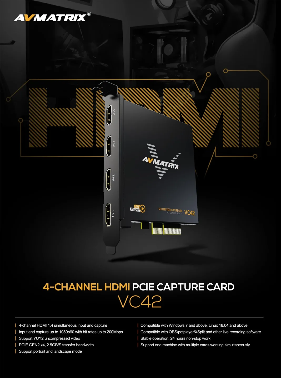 AVMATRIX VC42, 4-CH HDMI PCIE Capture Card, การ์ดแคปเจอร์