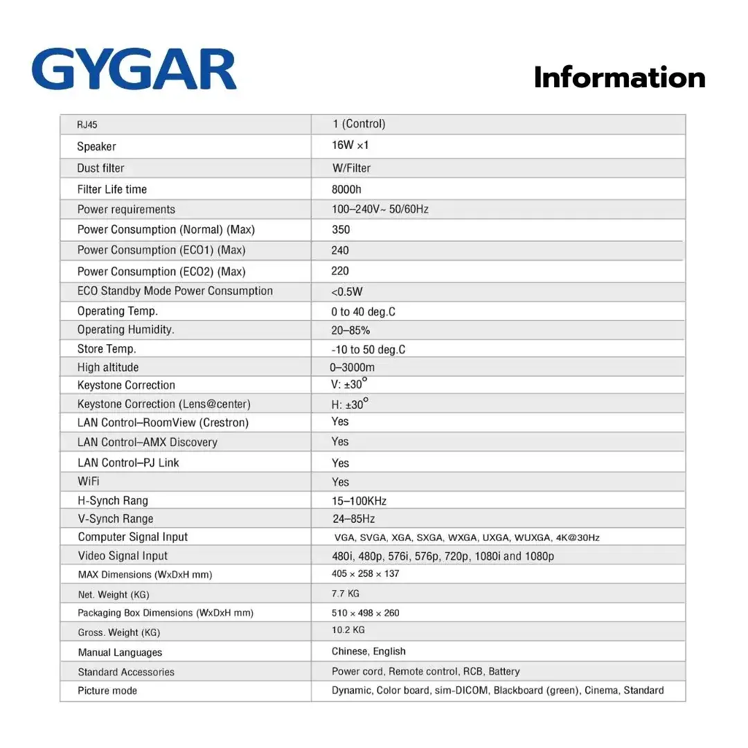GYGAR PG-CL-60W Laser Projector 6000 Ansi , WXGA รูป 5