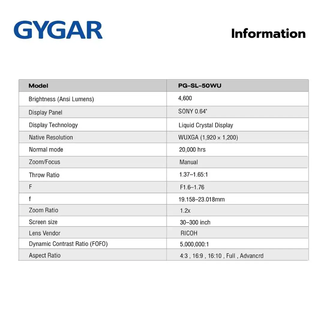GYGAR PG-SL-50WU Laser Projector 4600 Ansi , WUXGA รูป 4